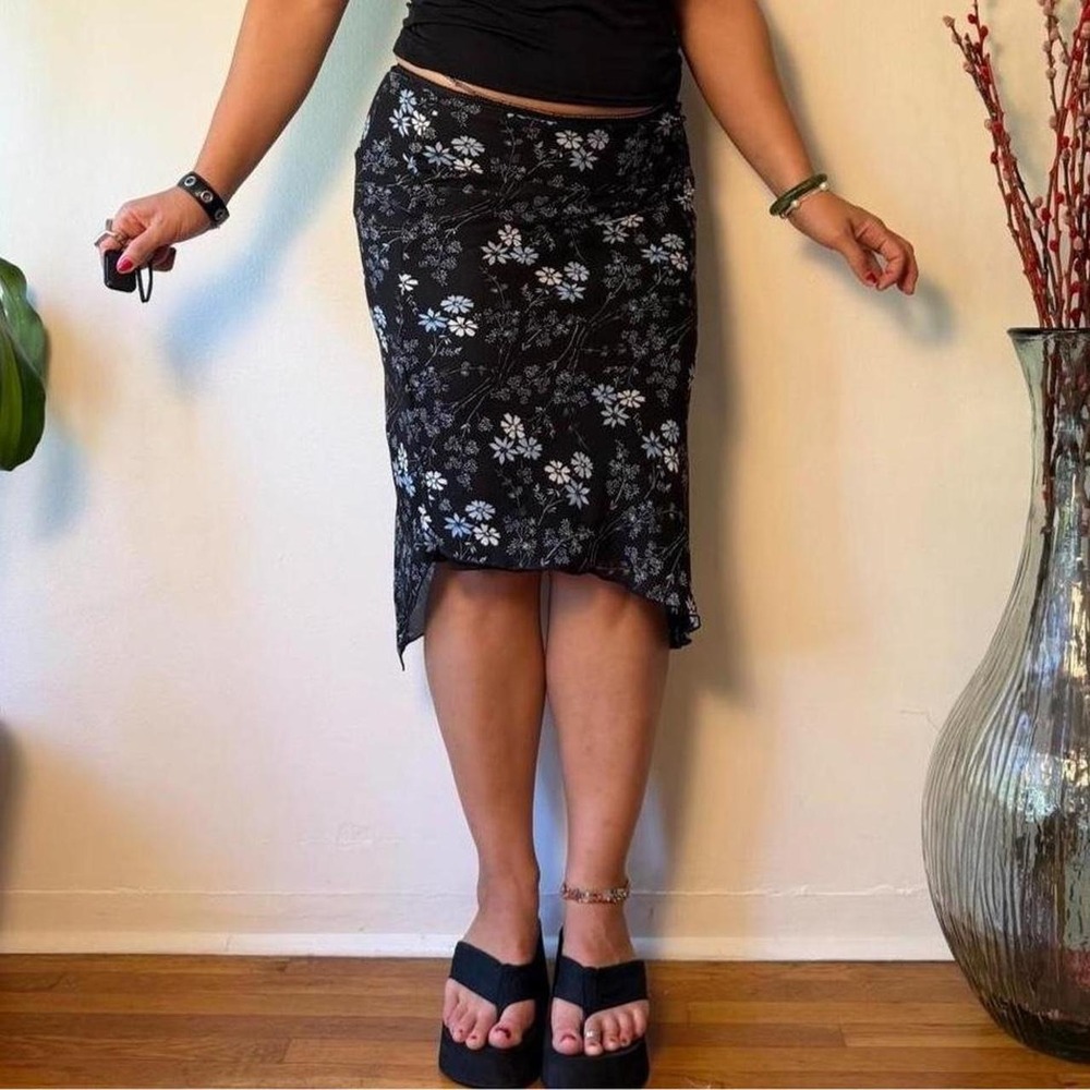 Speechless Vintage Blue Black Floral Asymmetrical Handkerchief Midi Skirt S